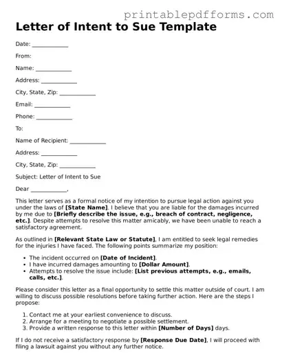 Blank Letter of Intent to Sue Form