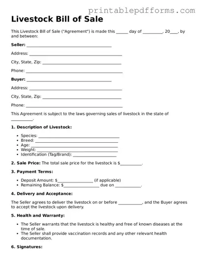 Blank Livestock Bill of Sale Form