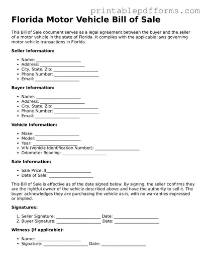 Florida Motor Vehicle Bill of Sale Document