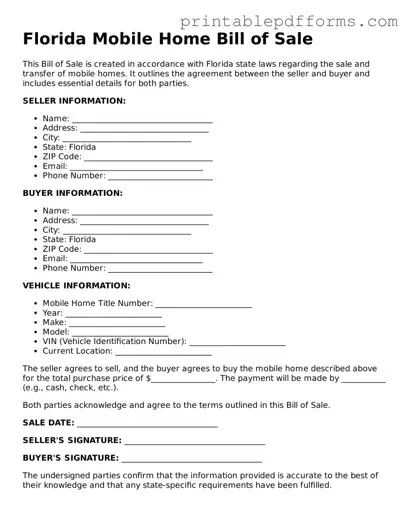 Florida Mobile Home Bill of Sale Document