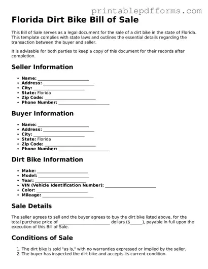 Florida Dirt Bike Bill of Sale Document