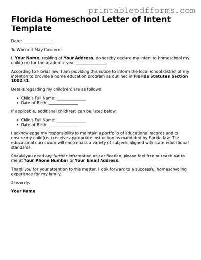 Florida Homeschool Letter of Intent Document