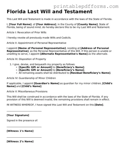 Florida Last Will and Testament Document