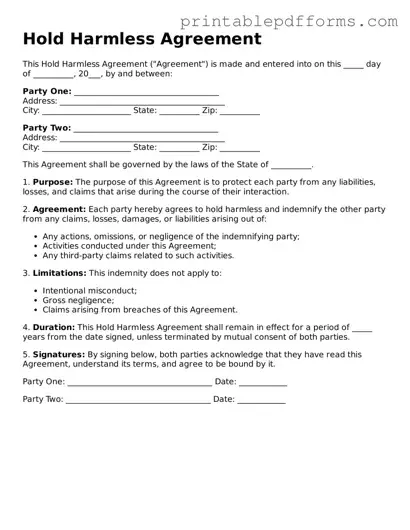 Blank Hold Harmless Agreement Form