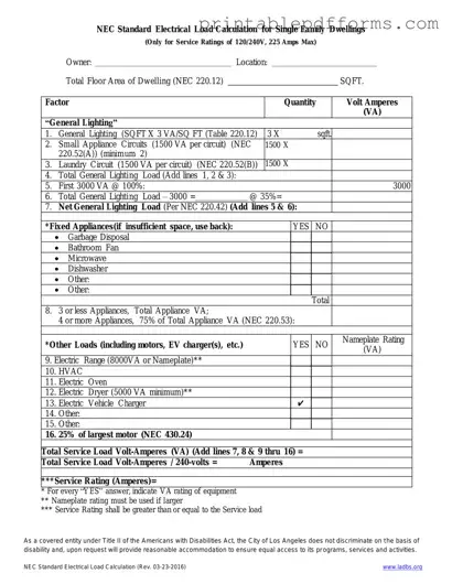 Fill a Valid LADBS NEC Standard Electrical Load Calculation Form