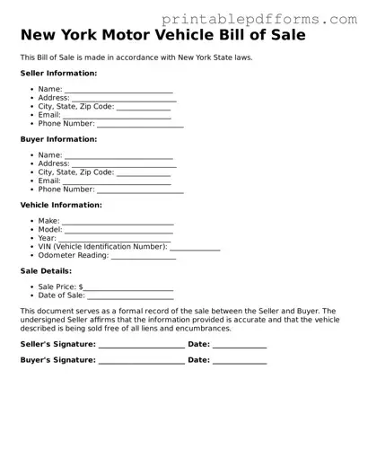 New York Motor Vehicle Bill of Sale Document