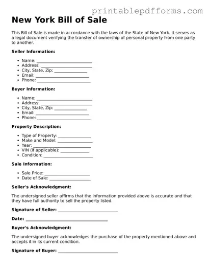 New York Bill of Sale Document