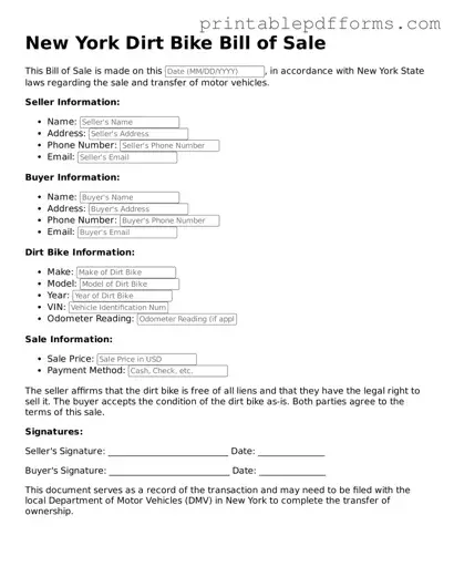 New York Dirt Bike Bill of Sale Document