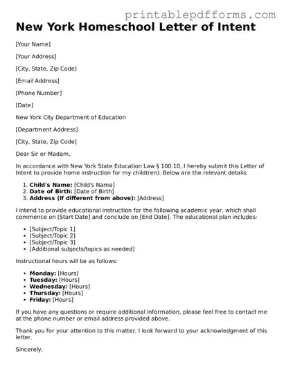 New York Homeschool Letter of Intent Document
