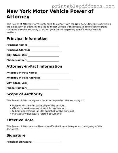 New York Motor Vehicle Power of Attorney Document