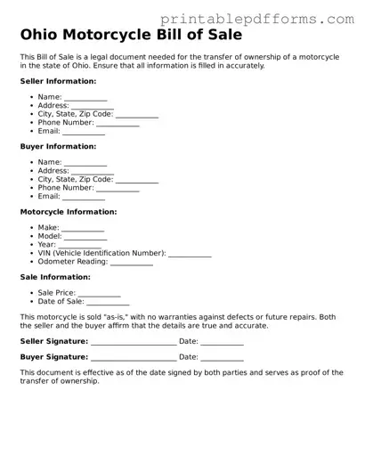 Ohio Motorcycle Bill of Sale Document