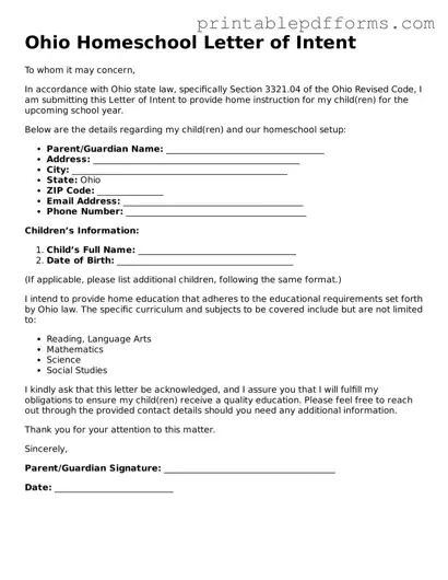 Ohio Homeschool Letter of Intent Document
