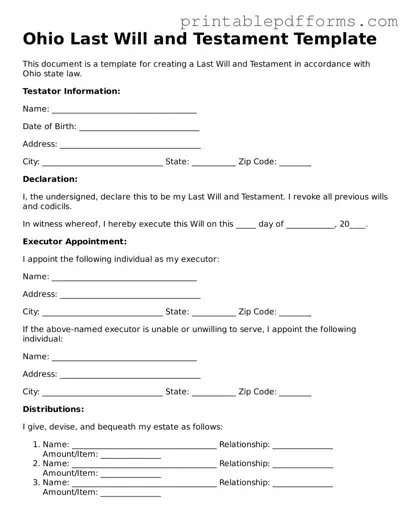 Ohio Last Will and Testament Document