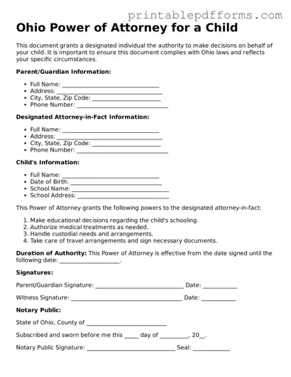 Ohio Power of Attorney for a Child Document