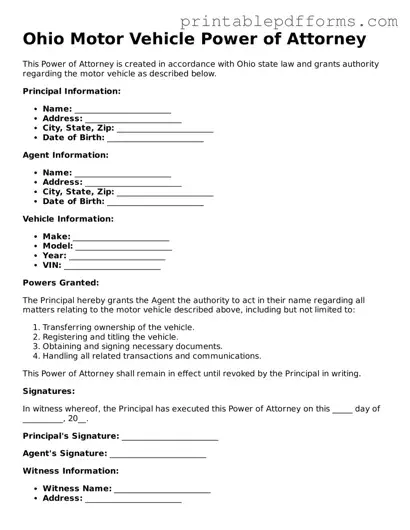 Ohio Motor Vehicle Power of Attorney Document