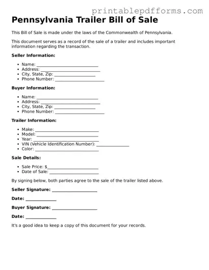 Pennsylvania Trailer Bill of Sale Document
