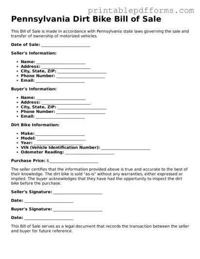 Pennsylvania Dirt Bike Bill of Sale Document