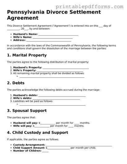 Pennsylvania Divorce Settlement Agreement Document