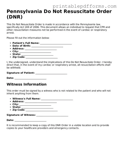 Pennsylvania Do Not Resuscitate Order Document