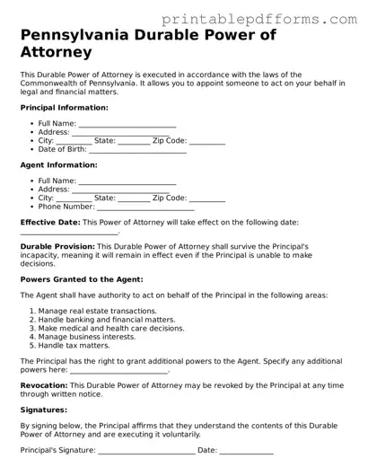 Pennsylvania Durable Power of Attorney Document