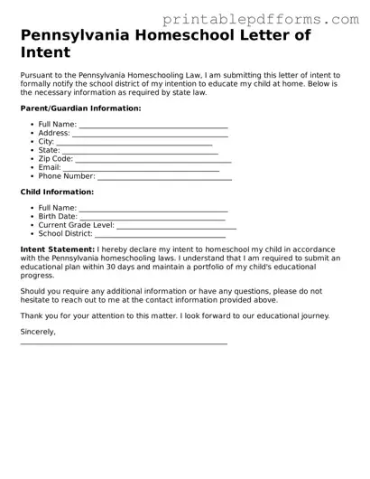 Pennsylvania Homeschool Letter of Intent Document