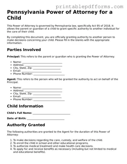Pennsylvania Power of Attorney for a Child Document