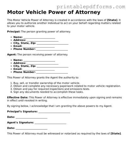 Blank Motor Vehicle Power of Attorney Form