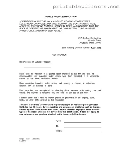 Fill a Valid Sample Roof Certification Form