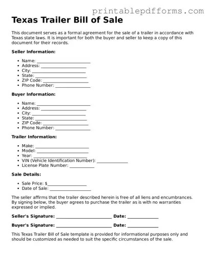 Texas Trailer Bill of Sale Document