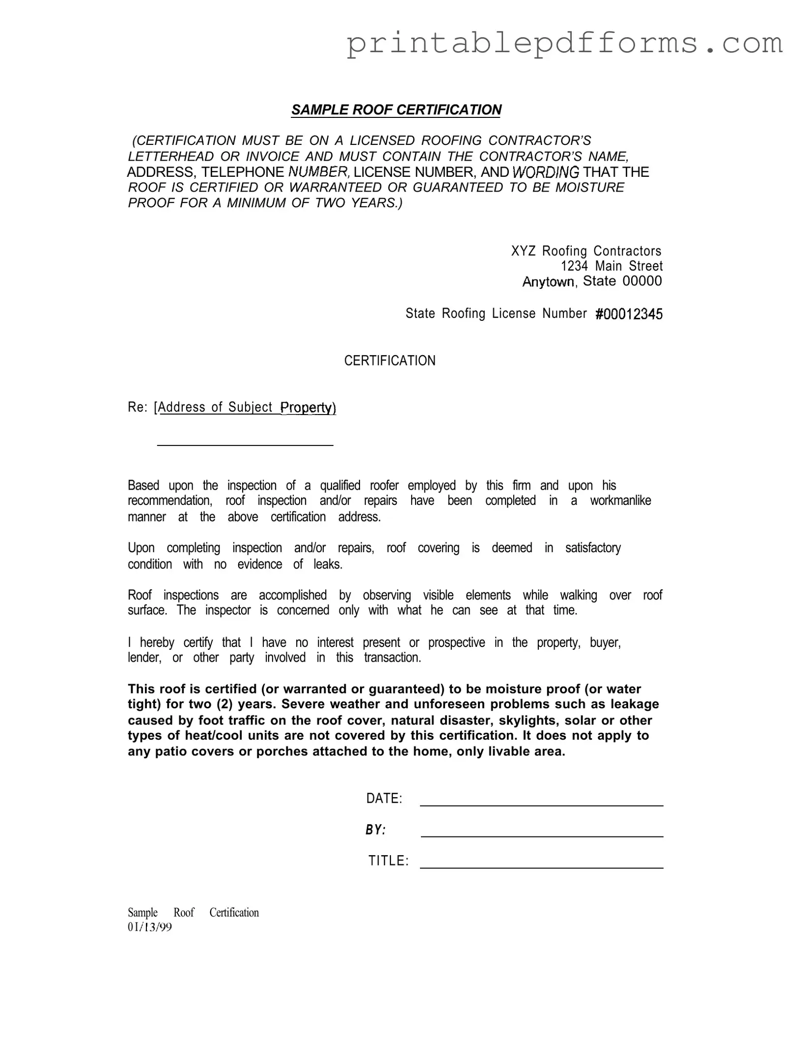 Fill a Valid Sample Roof Certification Form