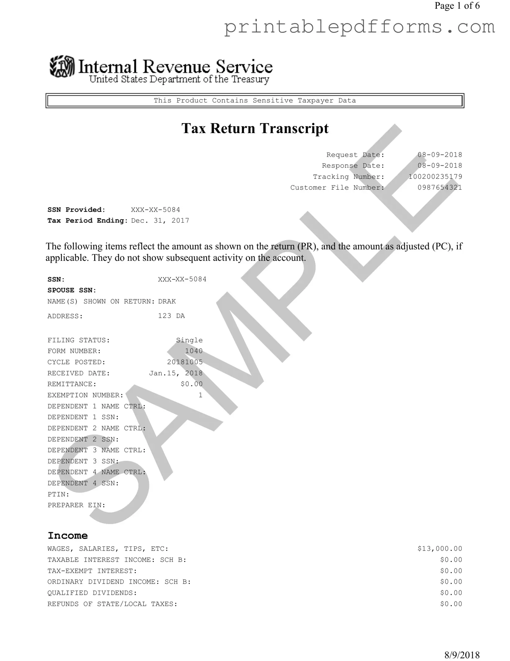 Fill a Valid Sample Tax Return Transcript Form