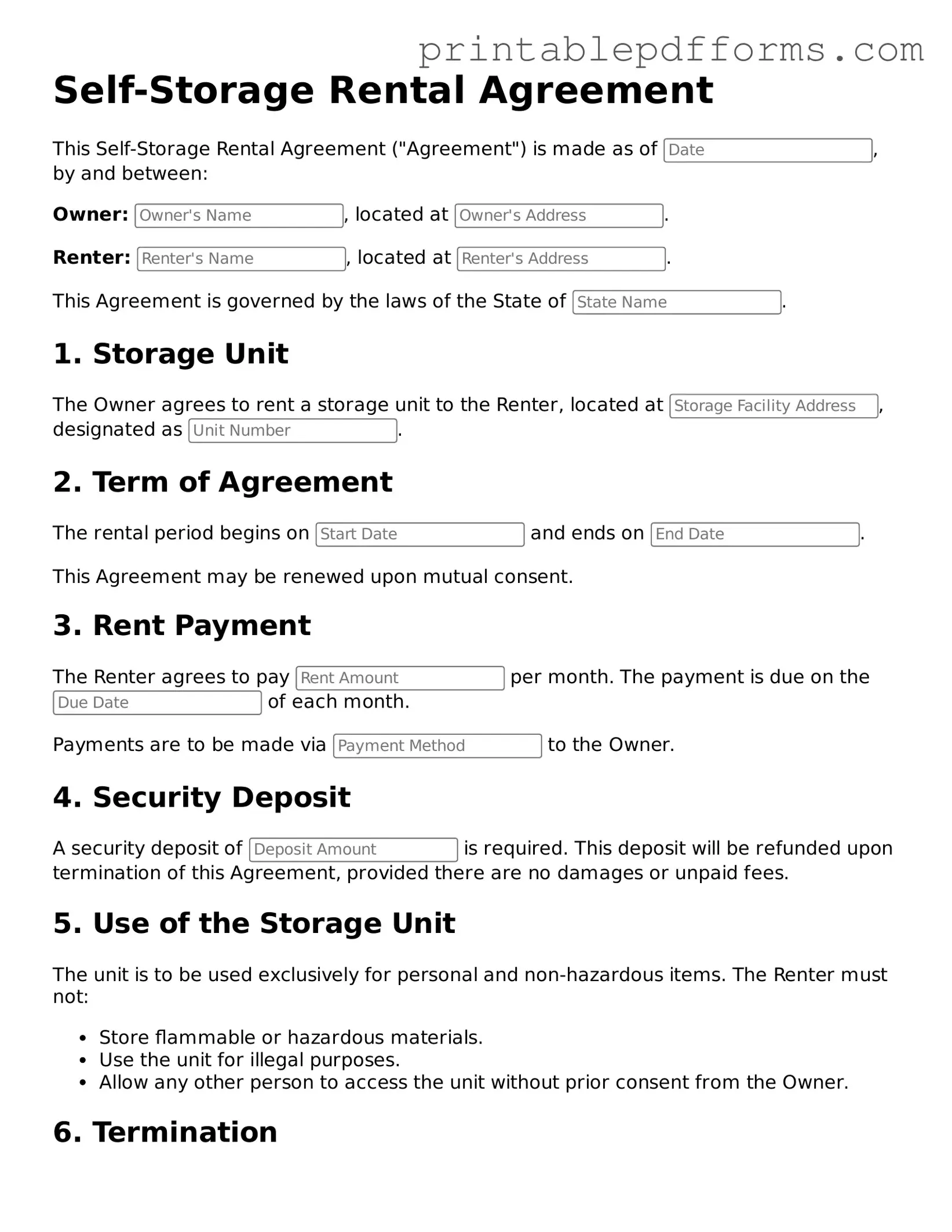 Blank Self-Storage Rental Agreement Form