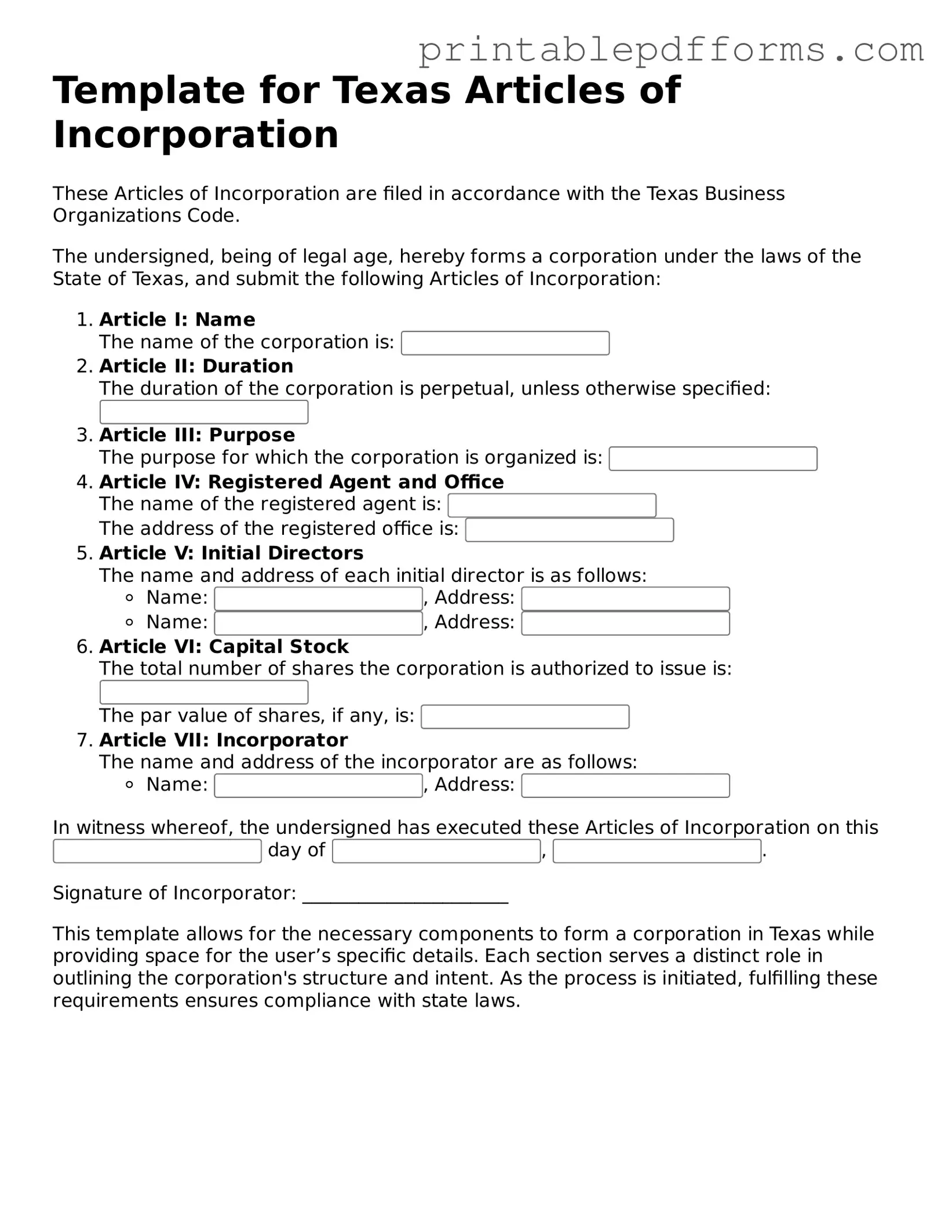 Texas Articles of Incorporation Document