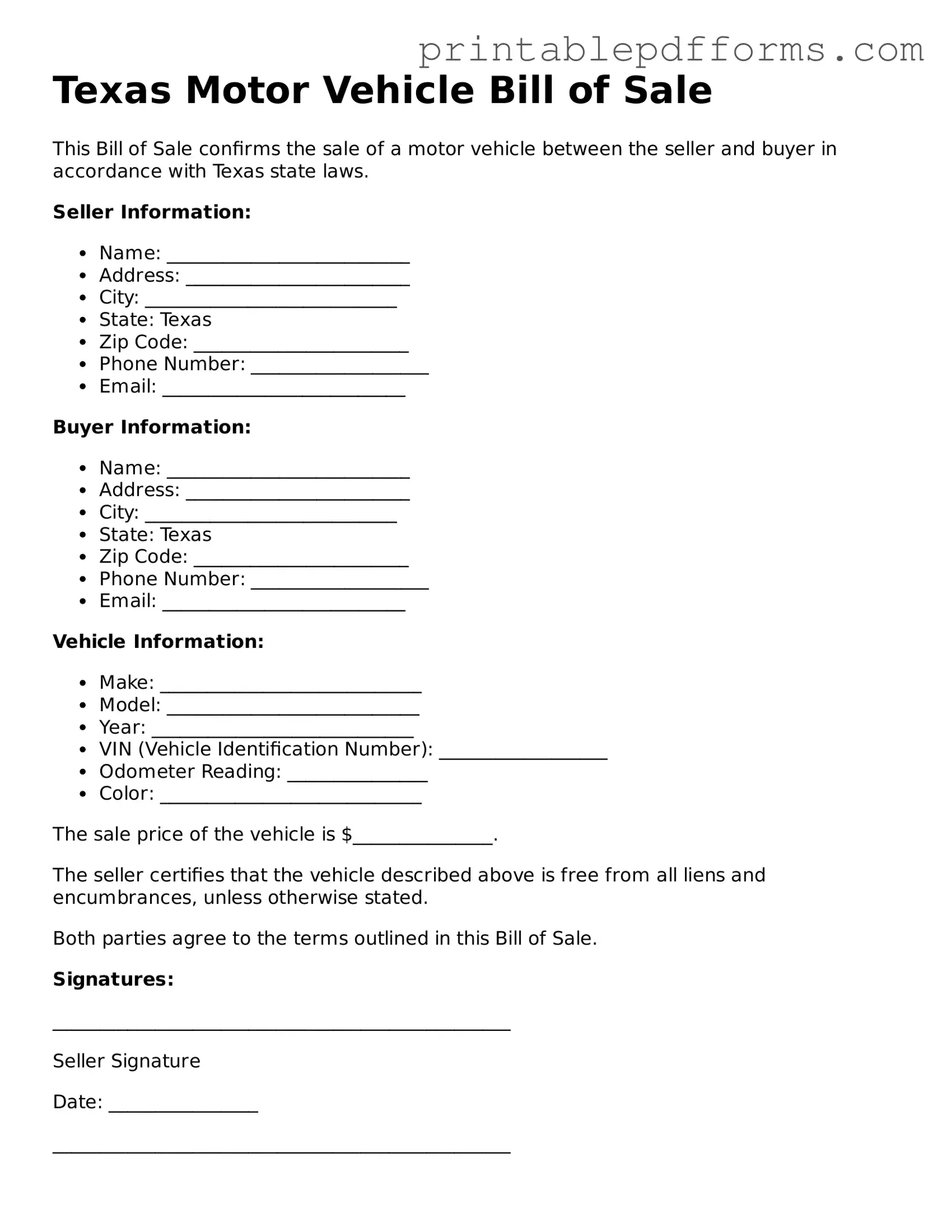 Texas Motor Vehicle Bill of Sale Document