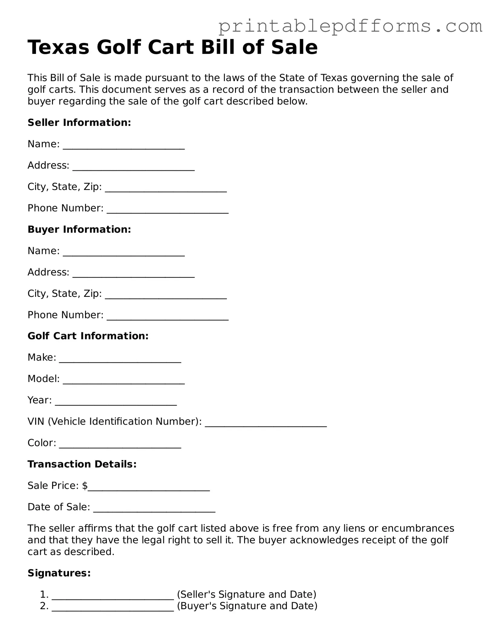 Texas Golf Cart Bill of Sale Document