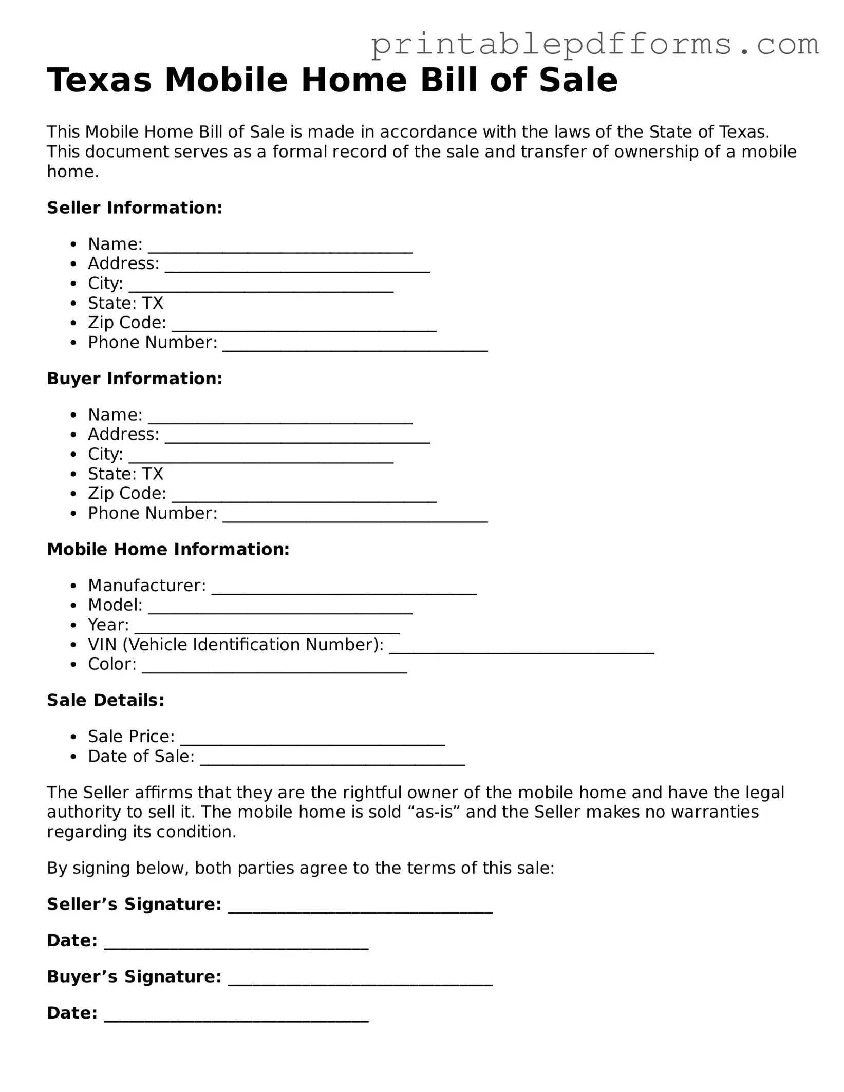 Texas Mobile Home Bill of Sale Document