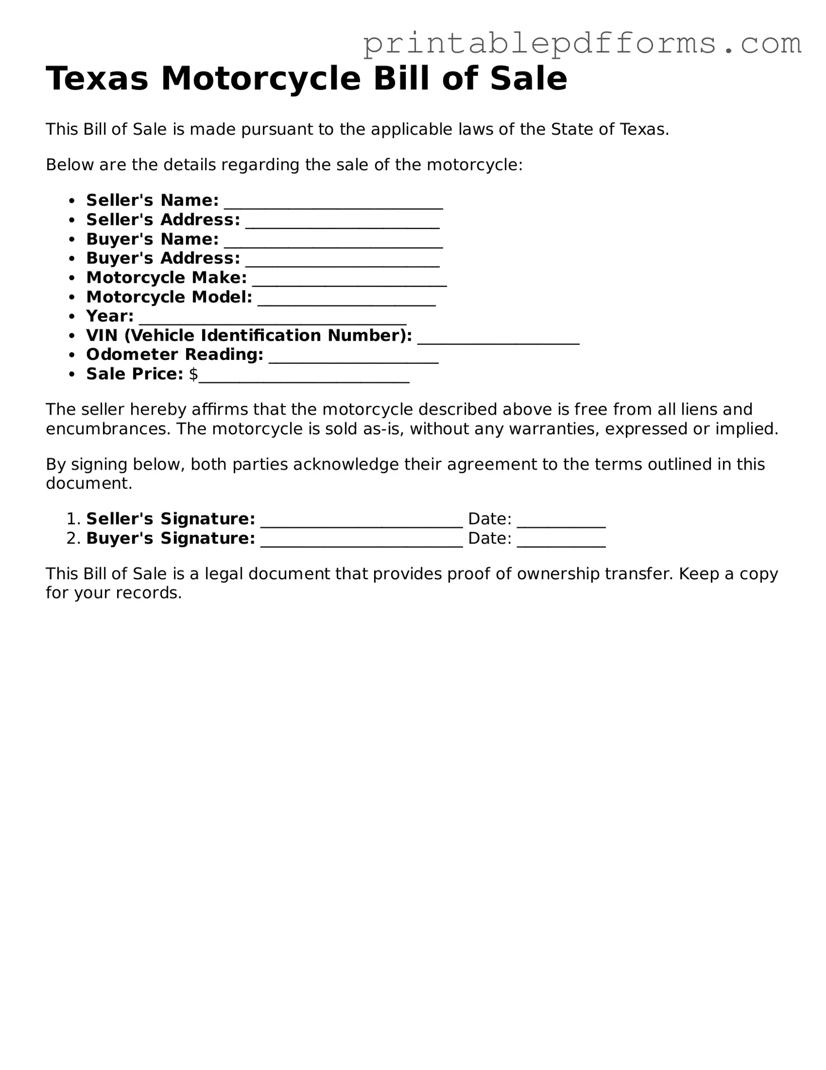 Texas Motorcycle Bill of Sale Document