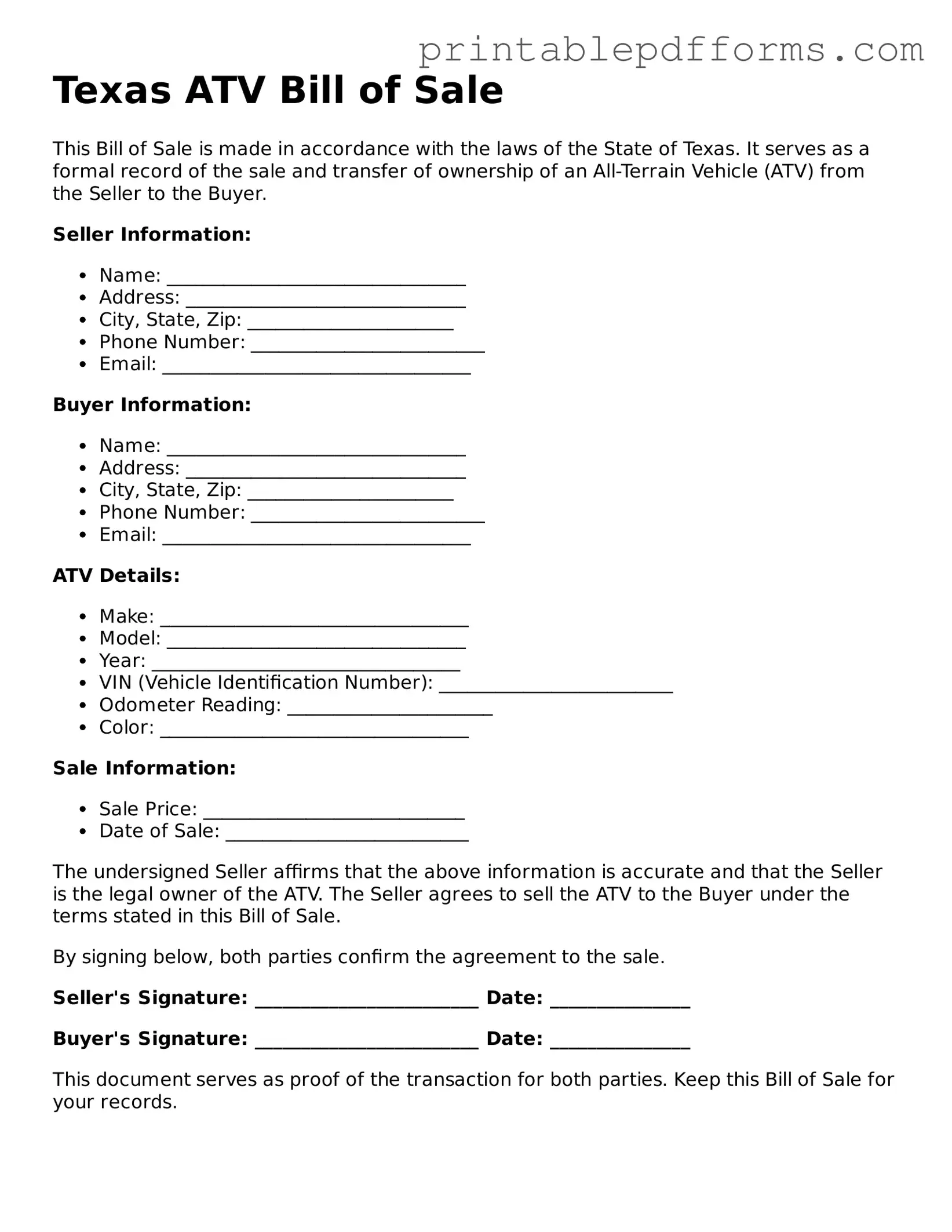 Texas ATV Bill of Sale Document