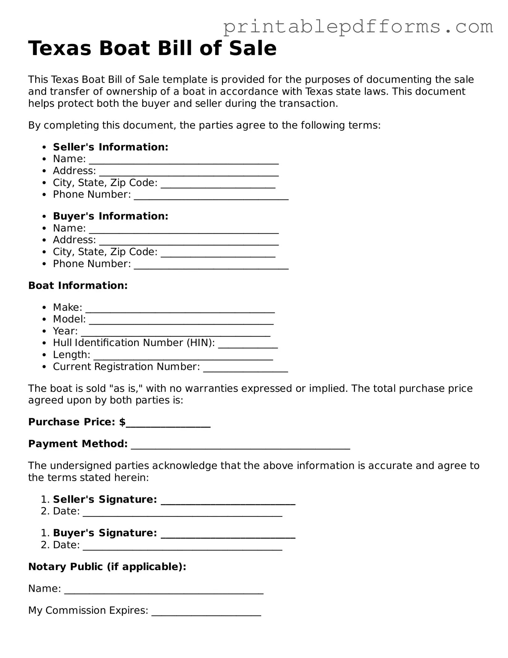 Texas Boat Bill of Sale Document