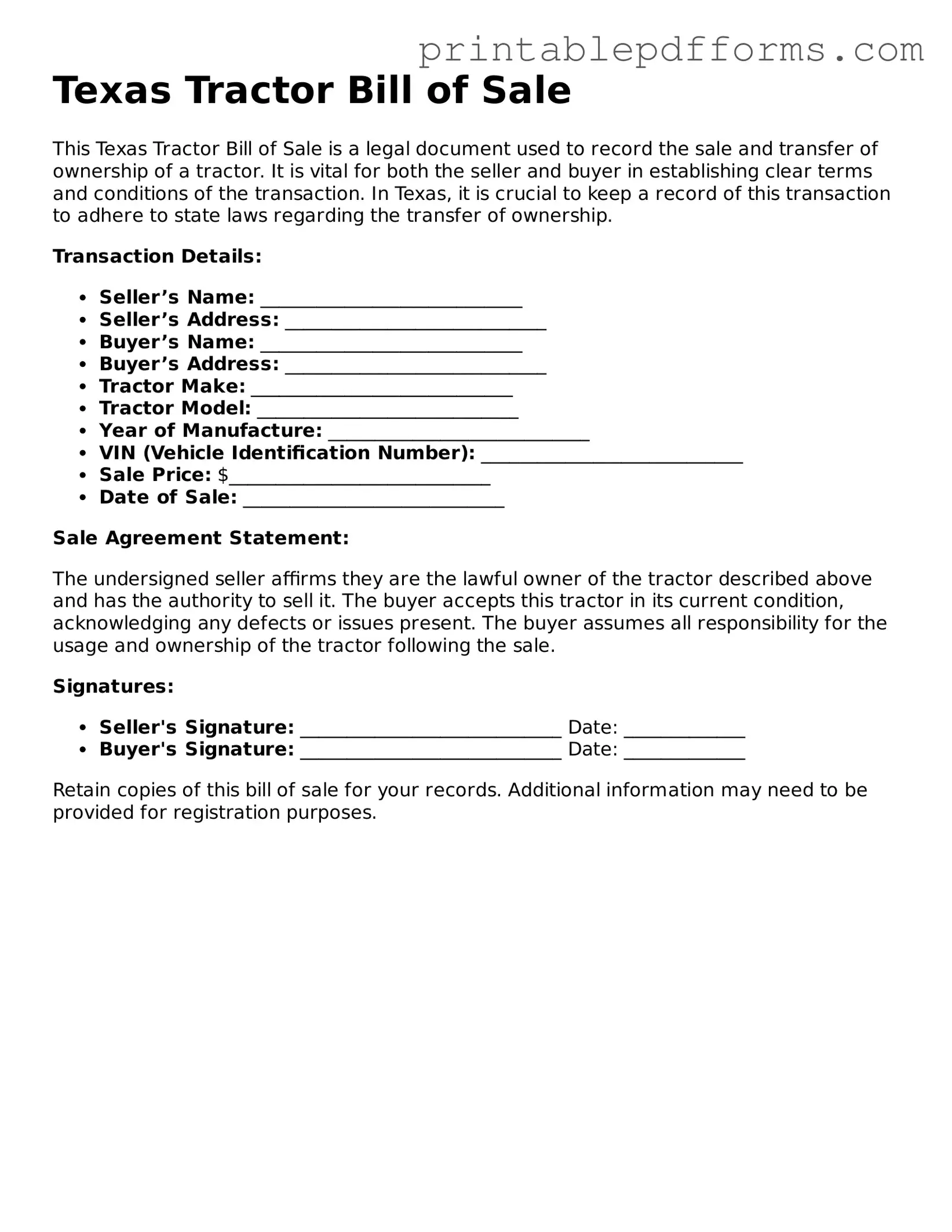 Texas Tractor Bill of Sale Document