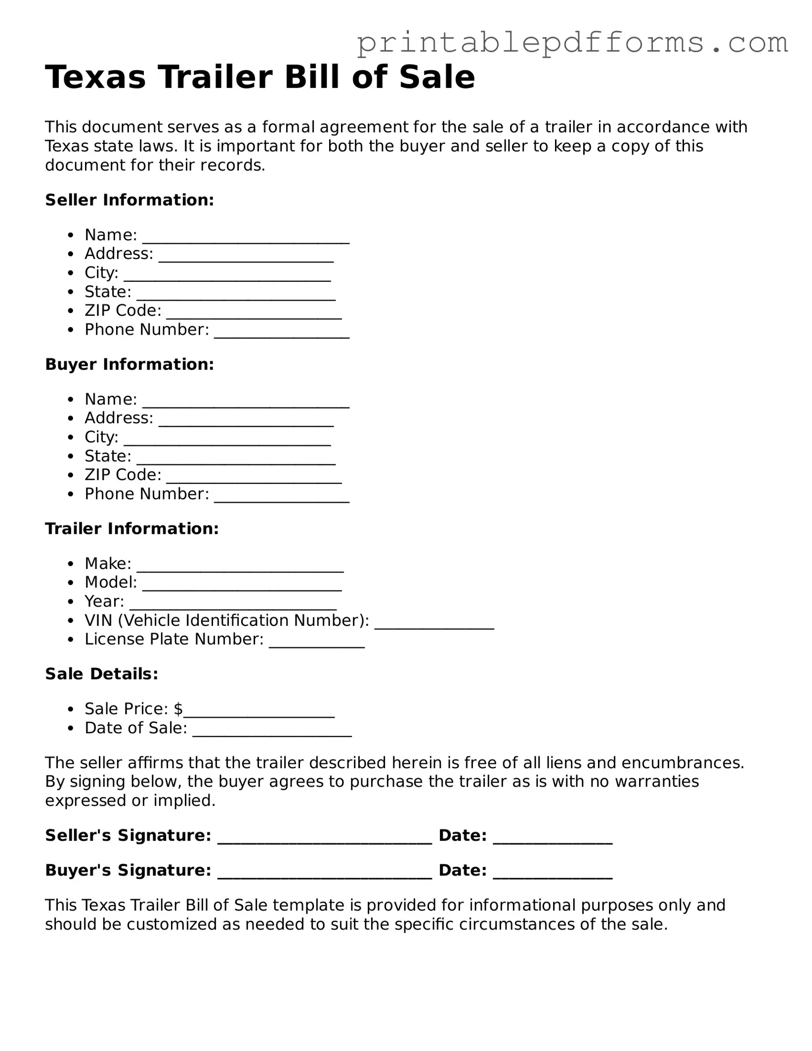 Texas Trailer Bill of Sale Document