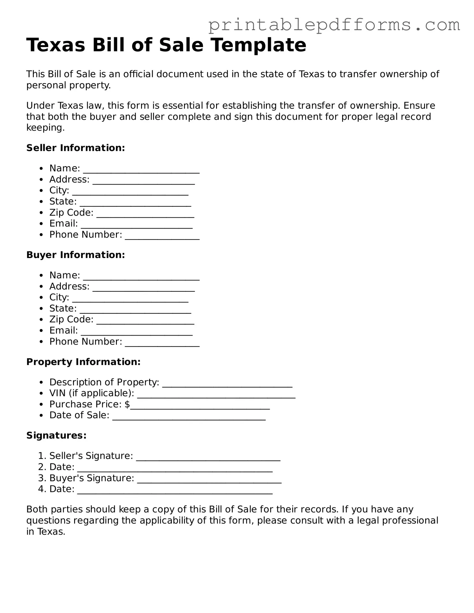 Texas Bill of Sale Document