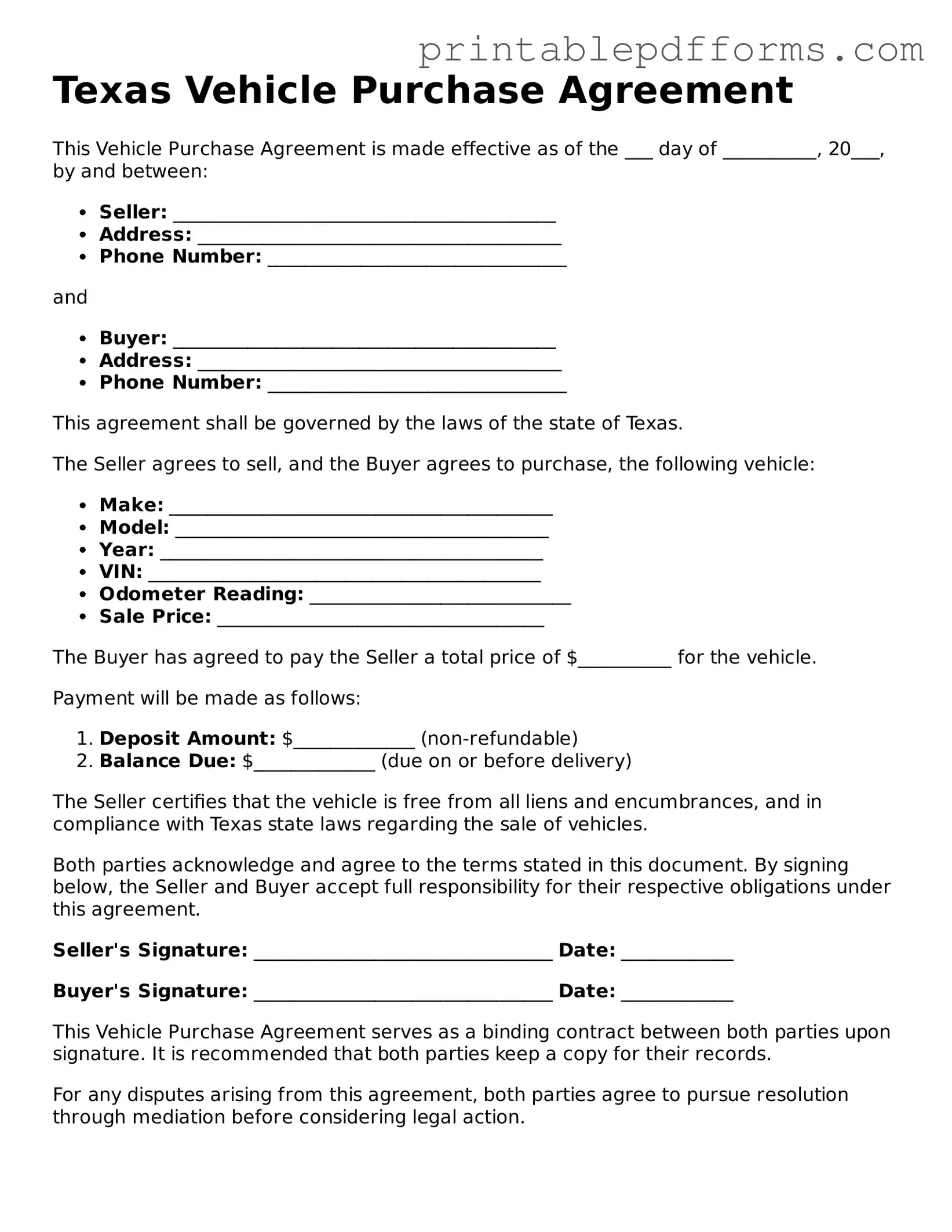 Texas Vehicle Purchase Agreement Document