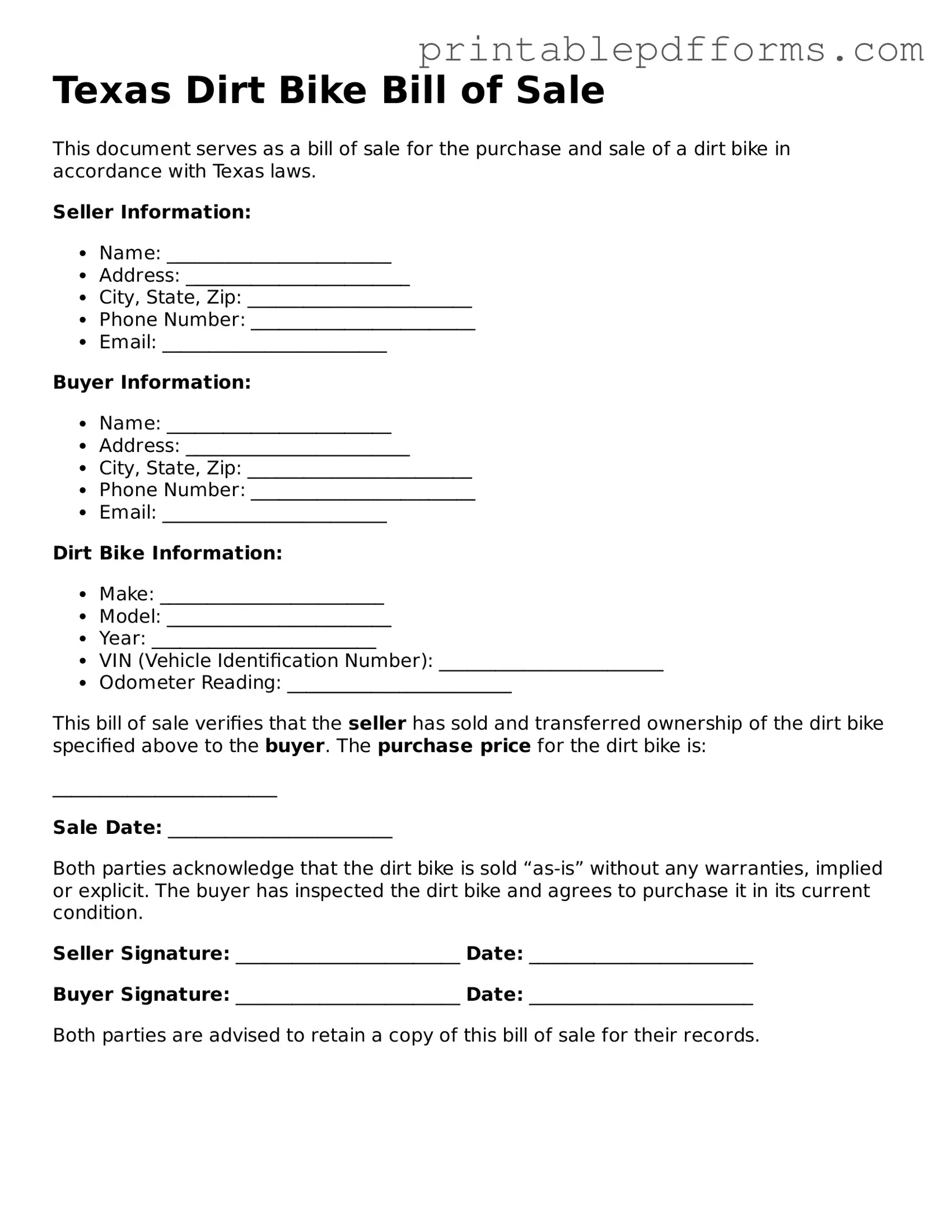 Texas Dirt Bike Bill of Sale Document