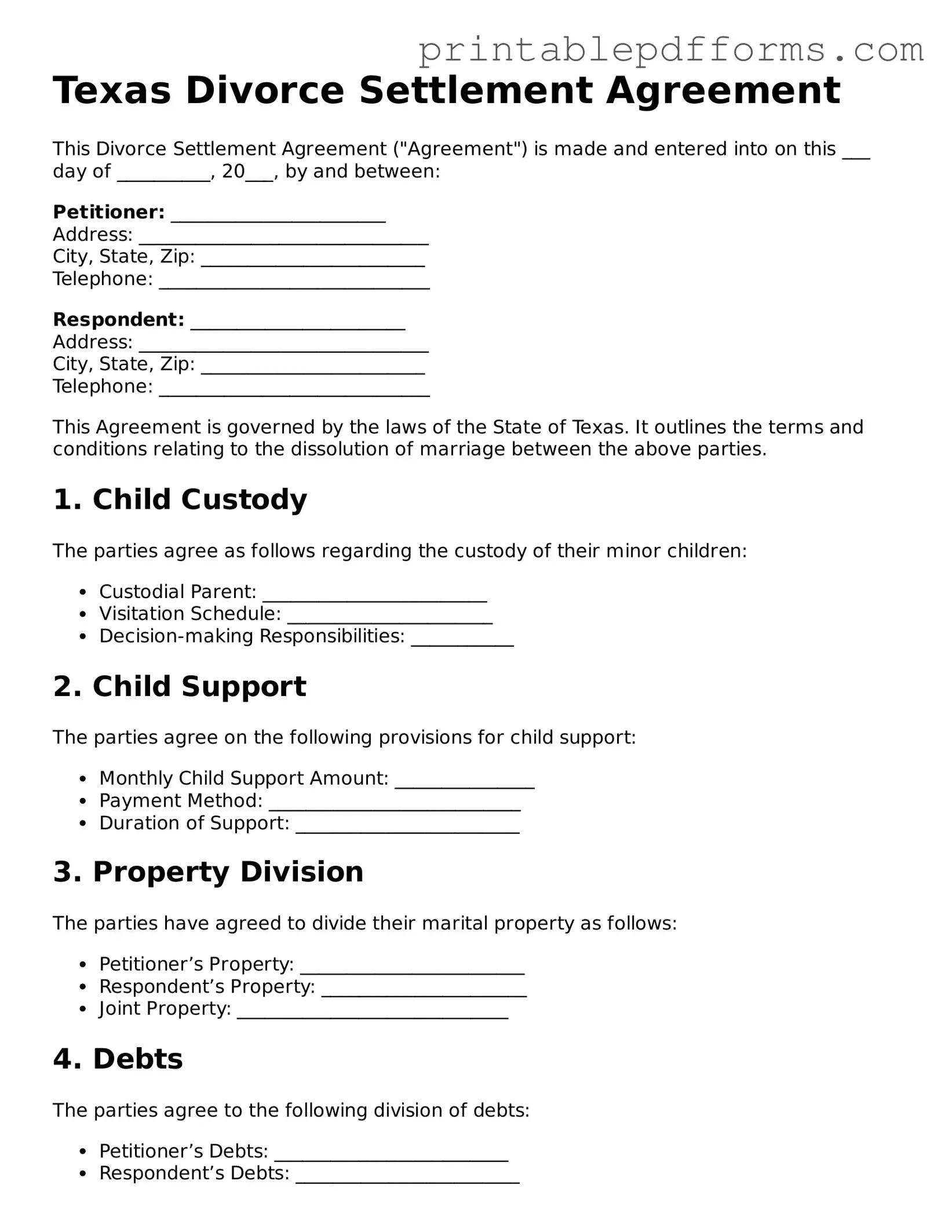 Texas Divorce Settlement Agreement Document