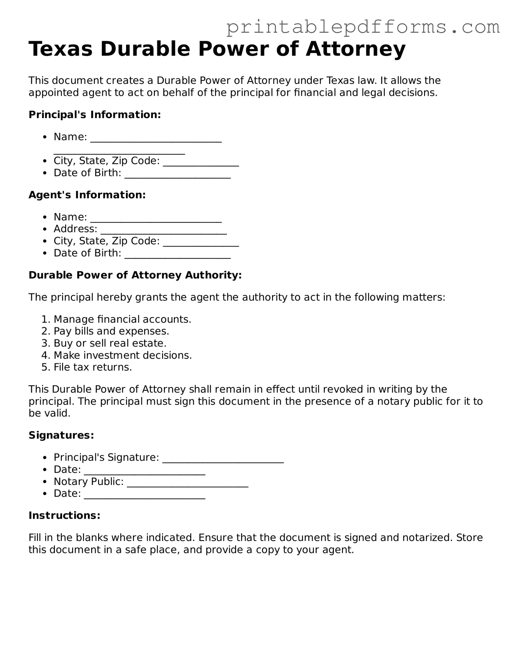 Texas Durable Power of Attorney Document