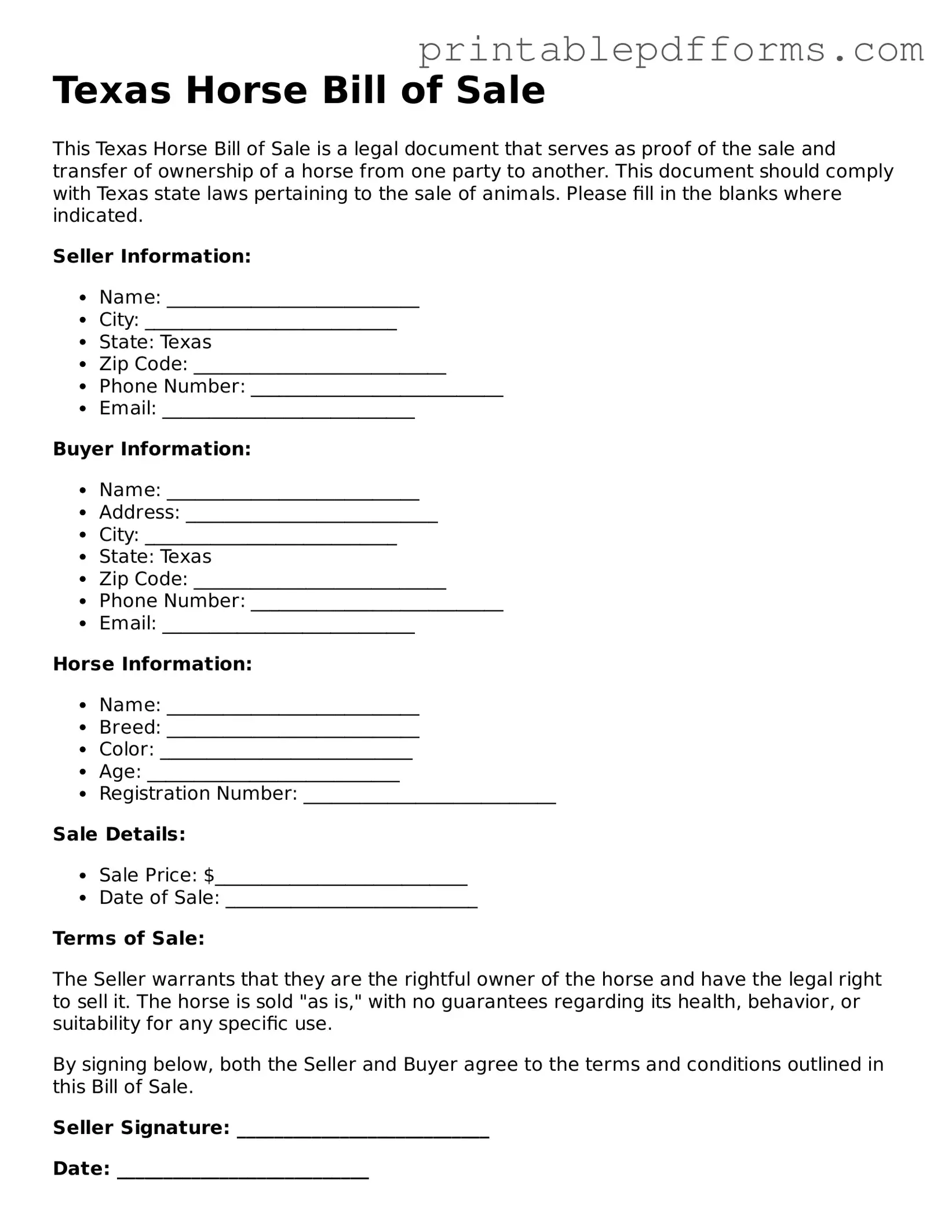 Texas Horse Bill of Sale Document