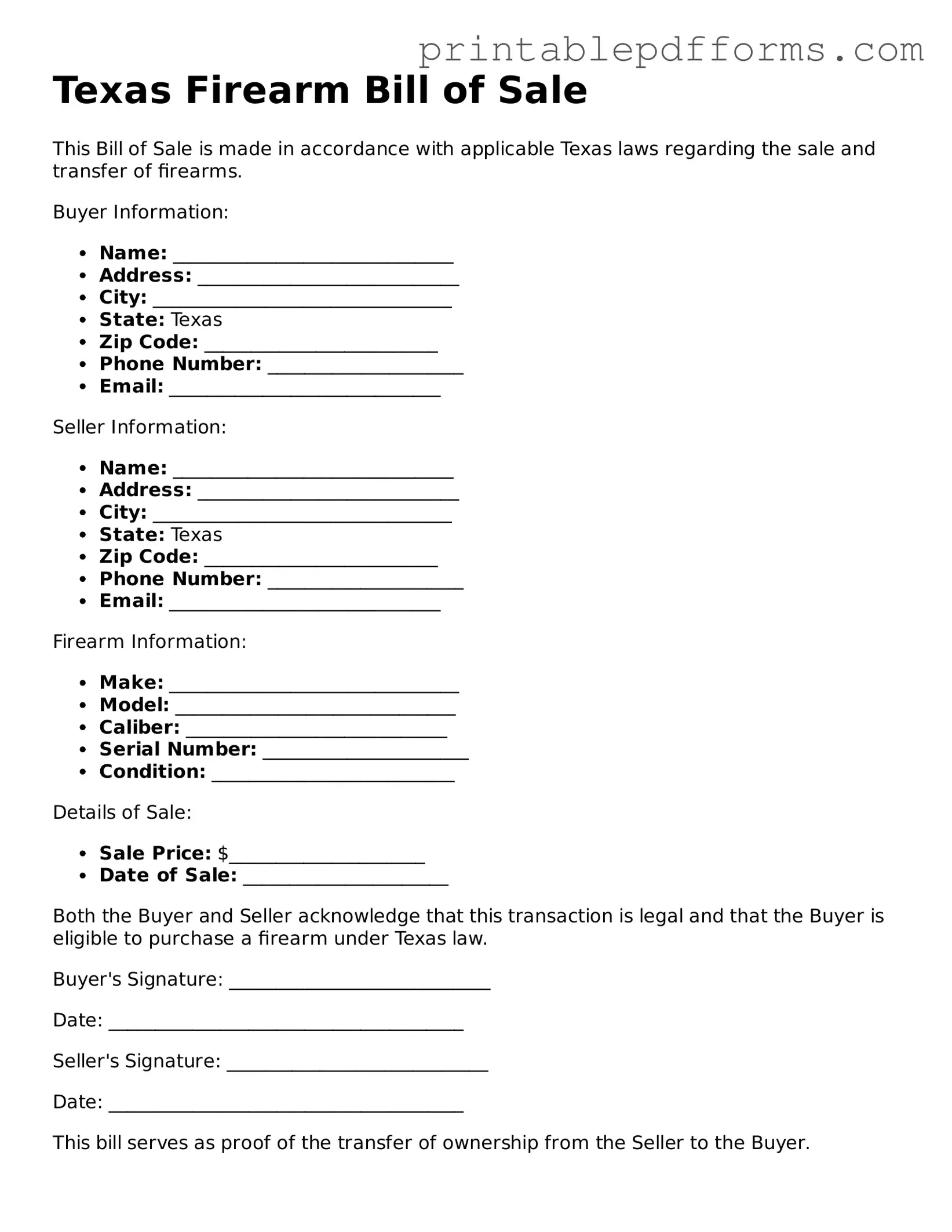 Texas Firearm Bill of Sale Document