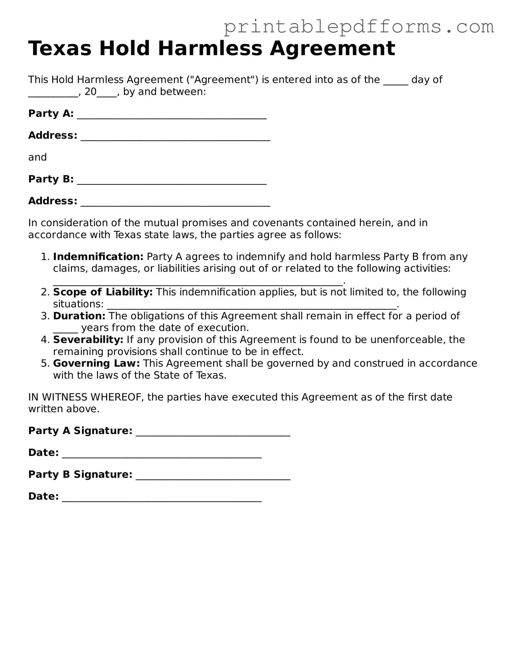 Texas Hold Harmless Agreement Document