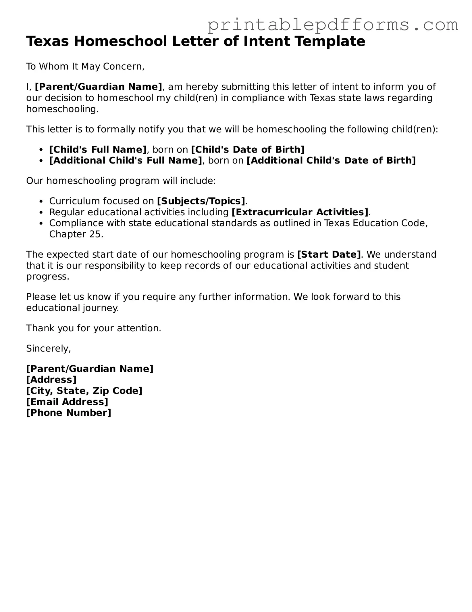 Texas Homeschool Letter of Intent Document